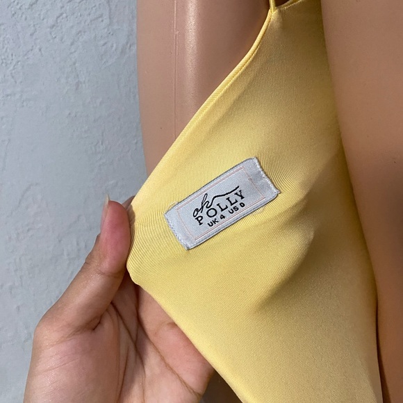 STUNNING OH POLLY LIGHT YELLOW RUCHED MIDI BODYCON DRESS SPAGHETTI STRAP, SIZE 0 - Picture 4 of 6
